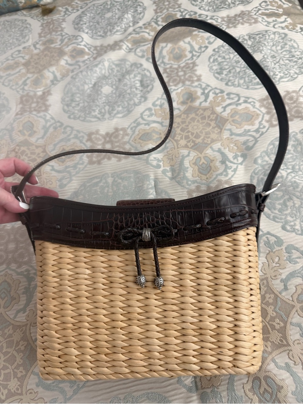 Brighton Natural Woven Shoulder Bag with Dark Brown Trim - Picture 1 of 9